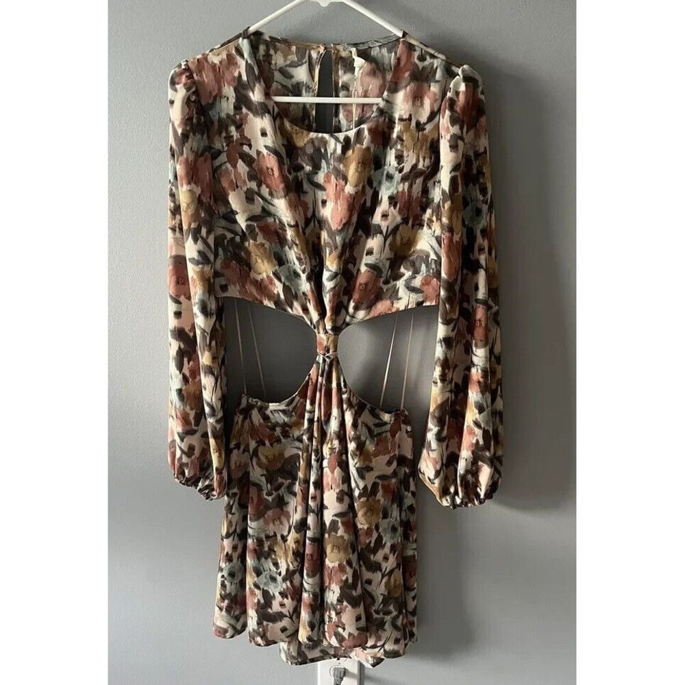 Endless Blu Floral Cutout Mini Dress Long Sleeve Watercolor Print NEW